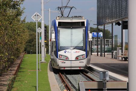 End of line of street car named Randstadrail on the roof of railroad station station Lansingerland...