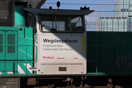Locomotive of independent Rail Services on track to tow defective trains away for Prorail in the...