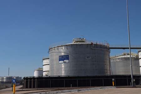 Tank storage of crude oil and chemicals in the Botlek Harbor in the Port of Rotterdam at the Rubis terminalのeditorial素材