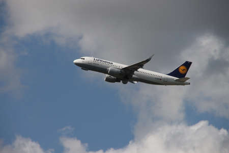 Aircraft is taking off from Amsterdam Schiphol airport from Polderbaan. Aircraft type Airbus A320...