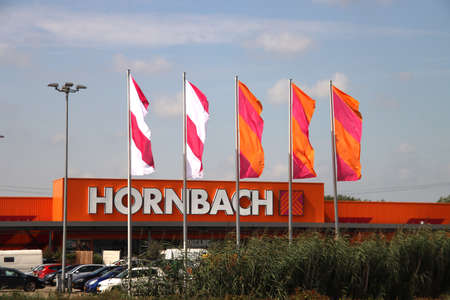 Large orange branch of the Hornbach DIY store in Nieuwerkerk aan den IJssel in the Netherlandsのeditorial素材