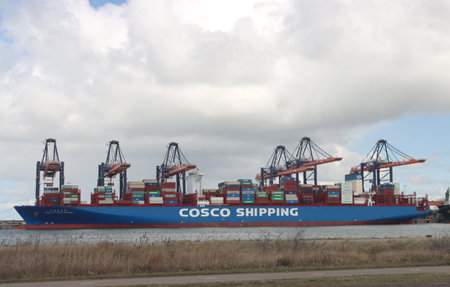 Container ship CSCL pacific ocean unloading in the Maasvlakte Harbor in Rotterdam