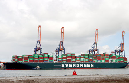 Container ship Ever Given of Evergreen loading and unloading in the Maasvlakte Harbor in Rotterdamのeditorial素材
