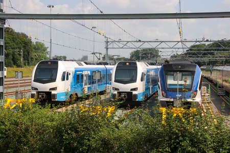 Stadler flirts of Blauwnet and SNG of NS at shunting yard in Zwolle