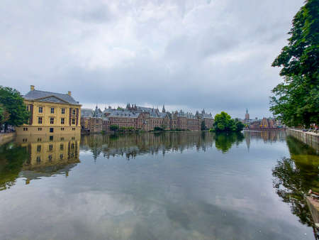 Hofvijver pool along Binnenhof and the working tower of Prime Minister Rutte in the Hague