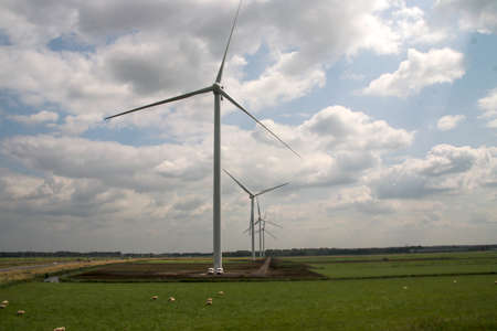 New wind turbines at agriculture fields in the outskirts of Zwolle the Netherlandsのeditorial素材