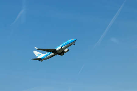 KLM Boeing aircrafts departing at Rotterdam The Hague Airport in the Netherlandsのeditorial素材