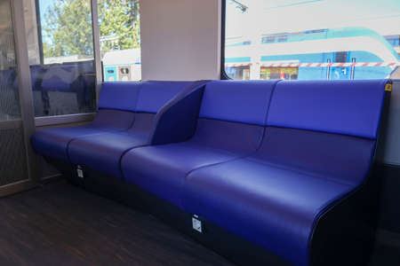 Rotterdam - july 2nd, Presentation new INCG intercity in the Netherlands : Blue leather sofa seats in second classのeditorial素材
