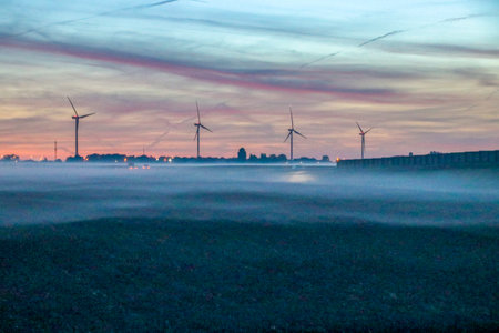 Fog over the Zuidplaspolder during sunrise in the Netherlandsの写真素材
