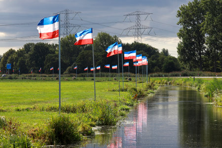 Protest signs and rows of flags upside down in Lekkerkerk along the N210 in the municipality of Krimpenerwaard the Netherlandsのeditorial素材