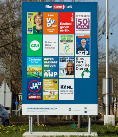 Netherlands, March 2023 -Board with election posters for the provincial and water board elections in the Netherlands for coming electionsのeditorial素材