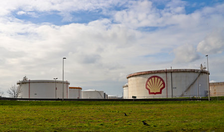 Storage tanks at Shell in Pernis in the port of Rotterdam in the Netherlandsのeditorial素材