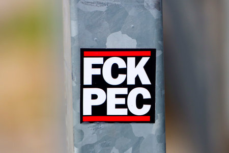 Stadium de Adelaarshorst of Eredivisie club Go Ahead Eagles with sticker fck pec of the worst enemy...