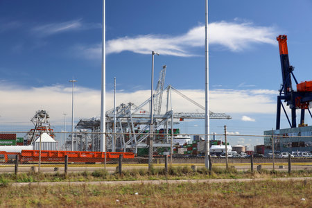 Cranes with cargo contaners at the Maasvlakte harbor in the Port of Rotterdam in the Netherlands