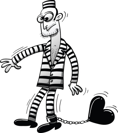 Prisoner dragging a heart tied with chains to his ankleのイラスト素材