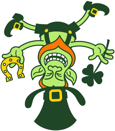 Irish leprechaun smiling, balancing upside down on his hat and holding a horseshoe and a shamrock cloverのイラスト素材