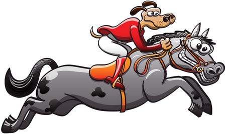 Very nice smiling dog riding a crazy horse and jumping obstacles while participating on an equestrian competitionのイラスト素材
