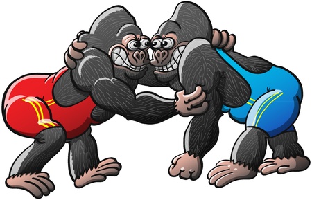 A couple of brave muscled African mountain gorillas, wearing blue and red wrestling suits, fighting and competing for a gold medal in a wrestling championshipのイラスト素材