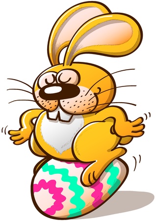 Nice yellow bunny seating on a beautifully decorated Easter eggのイラスト素材