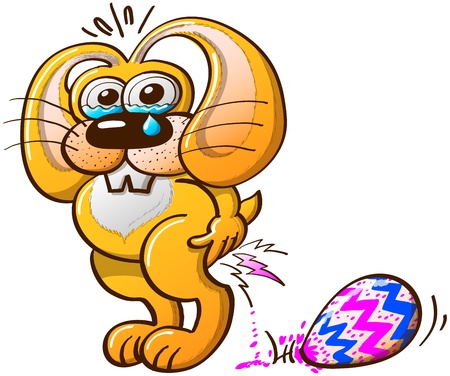 Suffering yellow Easter Bunny crying tears while laying big, beautiful and colorful Easter eggsのイラスト素材