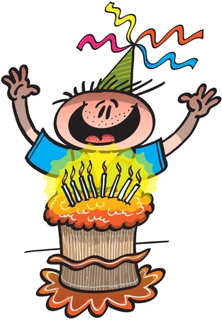 Young boy extremely happy, showing a big smile and rising his arms while in front of his birthday cake which is beautifully decorated in orange and brown and full of lighting candlesのイラスト素材