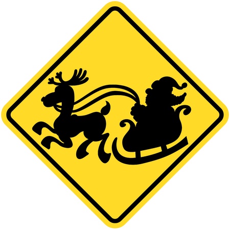 Yellow traffic sign making drivers aware of the danger of crossing Santa Claus by showing a silhouette of Santa in his sleigh while being pulled by one of his reindeerのイラスト素材