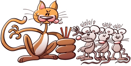 Crazy and evil cat forcing three poor mice to choose the short straw while they suffer the agony of uncertainty  Which of them will be the next cat s victim のイラスト素材
