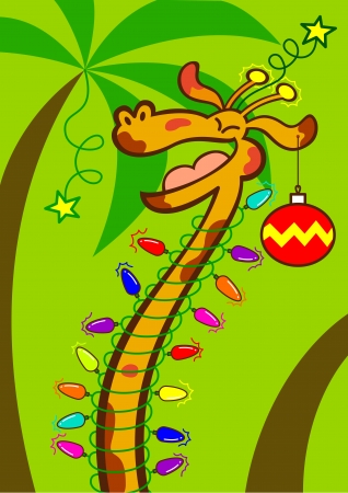 Beautiful long-necked yellow giraffe decorated with Christmas balls, stars and lights while having fun and smiling to celebrate Christmas in a tropical scenery with palm treesのイラスト素材