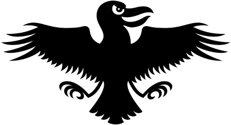 Silhouette of a black and naughty raven opening symmetrically its wings and legs while looking to his left and smilingのイラスト素材