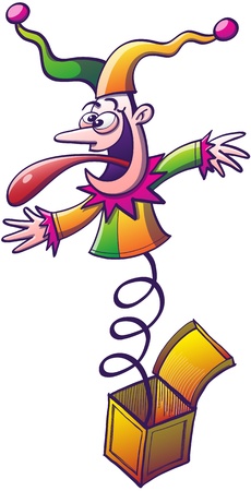 Crazy buffoon dressed colorfully, smiling enthusiastically, showing a mad expression and sticking his long tongue out while bouncing and emerging from a little yellow boxのイラスト素材