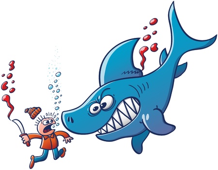 Underwater scene featuring a furious big blue shark which shows its sharp teeth while fighting back and sinking the scared finner who has just tried to cut and remove its dorsal fin with a knifeのイラスト素材