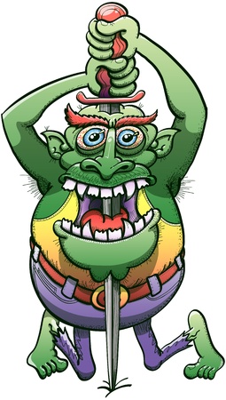 Terrifying big green elf monster sinking a sword vertically from the top of his head until his chin through his mouth wide open while staring at you, kneels down and expressing disturbing horrorのイラスト素材
