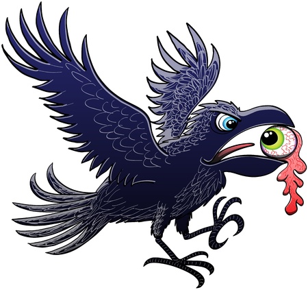 Evil raven extending and flapping its wings for landing after having ripped and stolen a green eye, which keeps perplex staring at the raven, with its powerful beakのイラスト素材