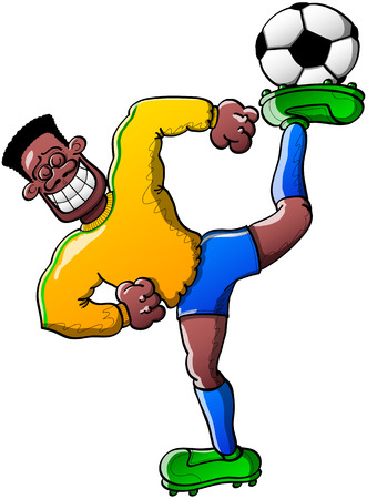 Nice black soccer player performing a stunning performance where he is raising up and back his left leg and holding a soccer ball with the bottom of his soccer shoeのイラスト素材