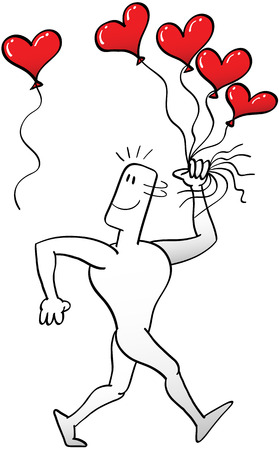 Man walking proudly, bringing a collection of red heart balloons in his hand and turning rapidly his head when noticing that there is a new heart balloon in the air ready to be takenのイラスト素材