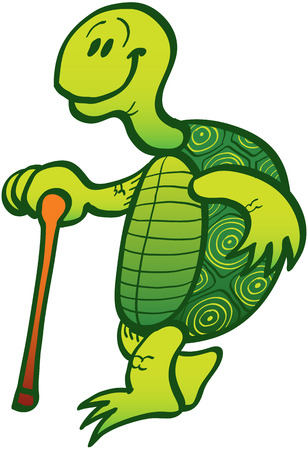 Old green turtle smiling while walking animatedly with the help of its caneのイラスト素材