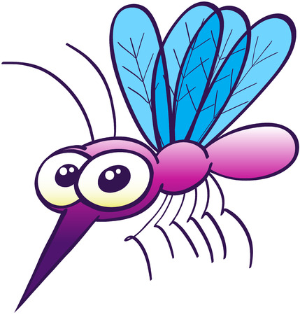 Cute purple mosquito with big bulging eyes, four blue wings, a pair of antennae, a sharp proboscis and tiny legs while floating, posing, staring at you and looking disturbingly harmlessのイラスト素材