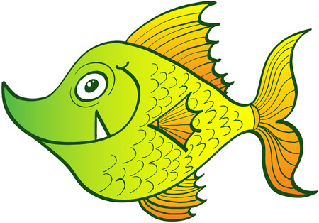 Side view of a weird yellow fish which is staring at you, smiling, showing its sharp fang and looking attentive to whatever can happenのイラスト素材