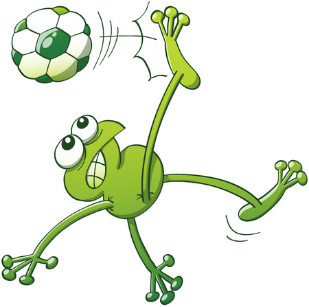 Green frog jumping, throwing the body up into the air and making a shearing movement with the legs to execute a bicycle kick with a soccer ball while clenching its teeth and looking fully determinedのイラスト素材