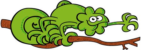 Nice green chameleon while walking on a tree branch, stretching its arm to advance, staring at you and smilingのイラスト素材