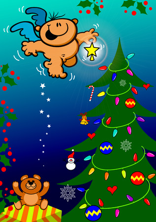 Cute Christmas scene with a gift, baubles, a teddy bear and full of lights and ornaments where a nice angel s bringing a shiny star to put on top of the tree and give the final touch to the decorationのイラスト素材