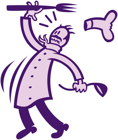 Chef in minimalist style while holding a fork and a spoon, bending his body backwards and reacting in a scared way when facing an awkward and unattended situation coming upのイラスト素材