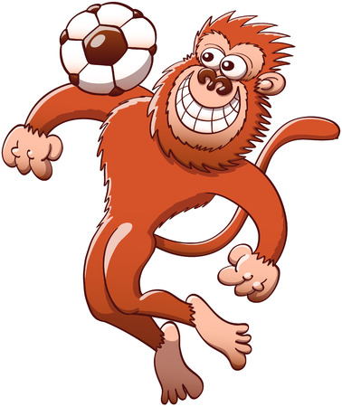 Brown monkey jumping high to trap the soccer ball with its chest with great style and agility while staring at the ball and grinning mischievouslyのイラスト素材
