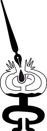 Weird human-like character in black and white, asking for food like a little squab, wide opening his mouth and stretching his hands while being fed with ink by a fountain penのイラスト素材