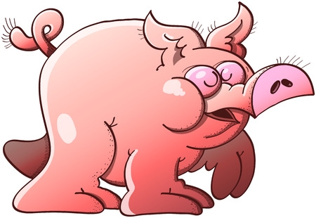 Funny chubby pig with pointy ears, prominent cheeks and curly tail while singing and walking rhythmically with its bulging eyes closed and feeling in a very relaxed moodのイラスト素材