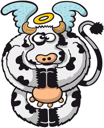 Spotted chubby cow with a halo on top of its head while floating thanks to its wings, posing, staring at you and praying by joining all its hooves in a very holy and funny attitudeのイラスト素材