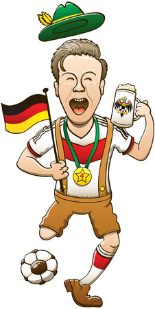 Happy man wearing traditional German clothing while drinking beer, waving a flag, kicking a ball and celebrating animatedly the victory of the football team with a gold medal hanging from his neckのイラスト素材