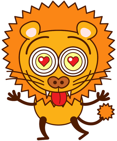 Brave lion with big mane, funny bulging eyes, sharp teeth and long tail while showing red hearts in its eyes, stretching its arms, sticking its tongue out and feeling madly in loveのイラスト素材