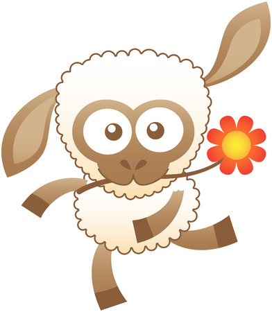 Cute sheep with white wool brown skin and bulging eyes while swinging animatedly and holding a red flower with its mouthのイラスト素材