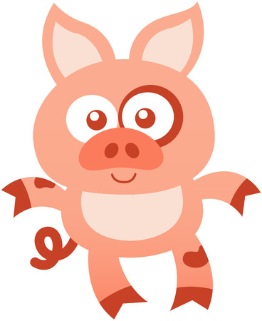Cute little pig with big pointy ears flat nose dark spots and curly tail while staring at you posing and smiling sweetlyのイラスト素材